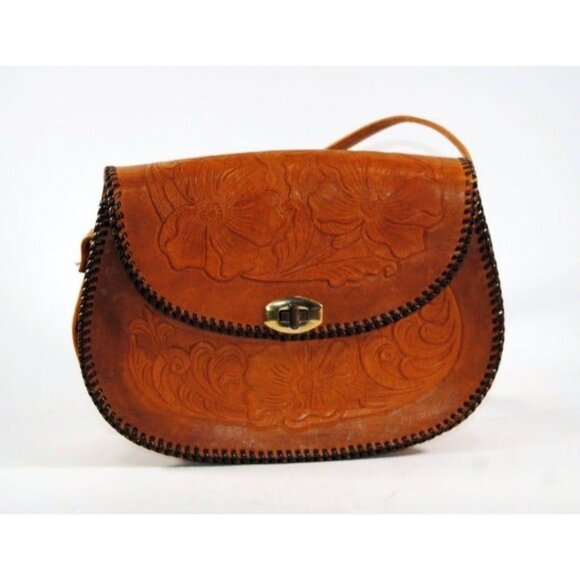 Handmade Tooled Brown Leather Saddle Style Handbag Original Pyrm - Picture 1 of 9